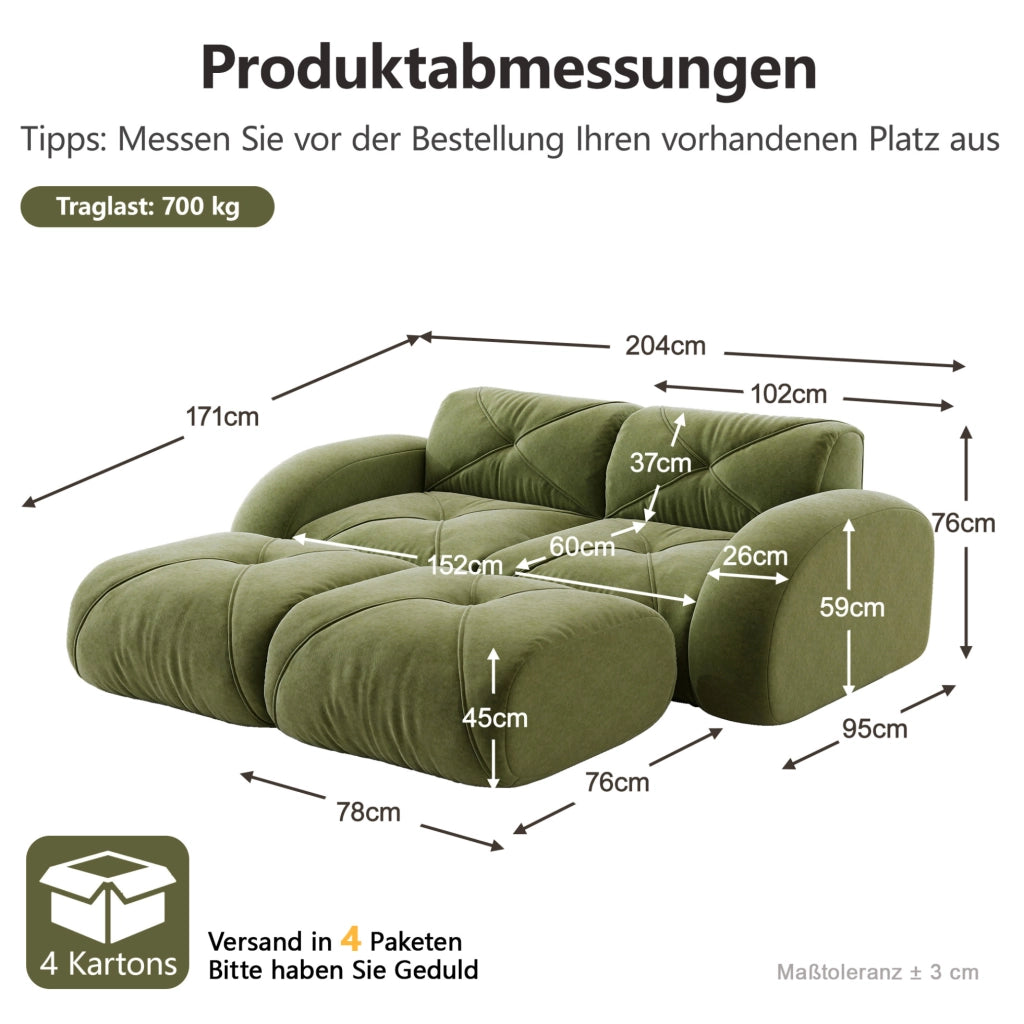 Divano modulare senza struttura in ciniglia verde 204×171×76 cm