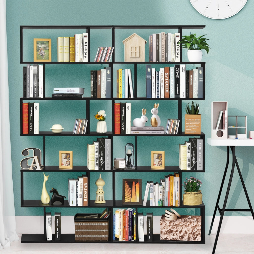 Libreria a 6 livelli a forma di S con dispositivo antiribaltamento-Scaffale di legno per casa e ufficio Nero