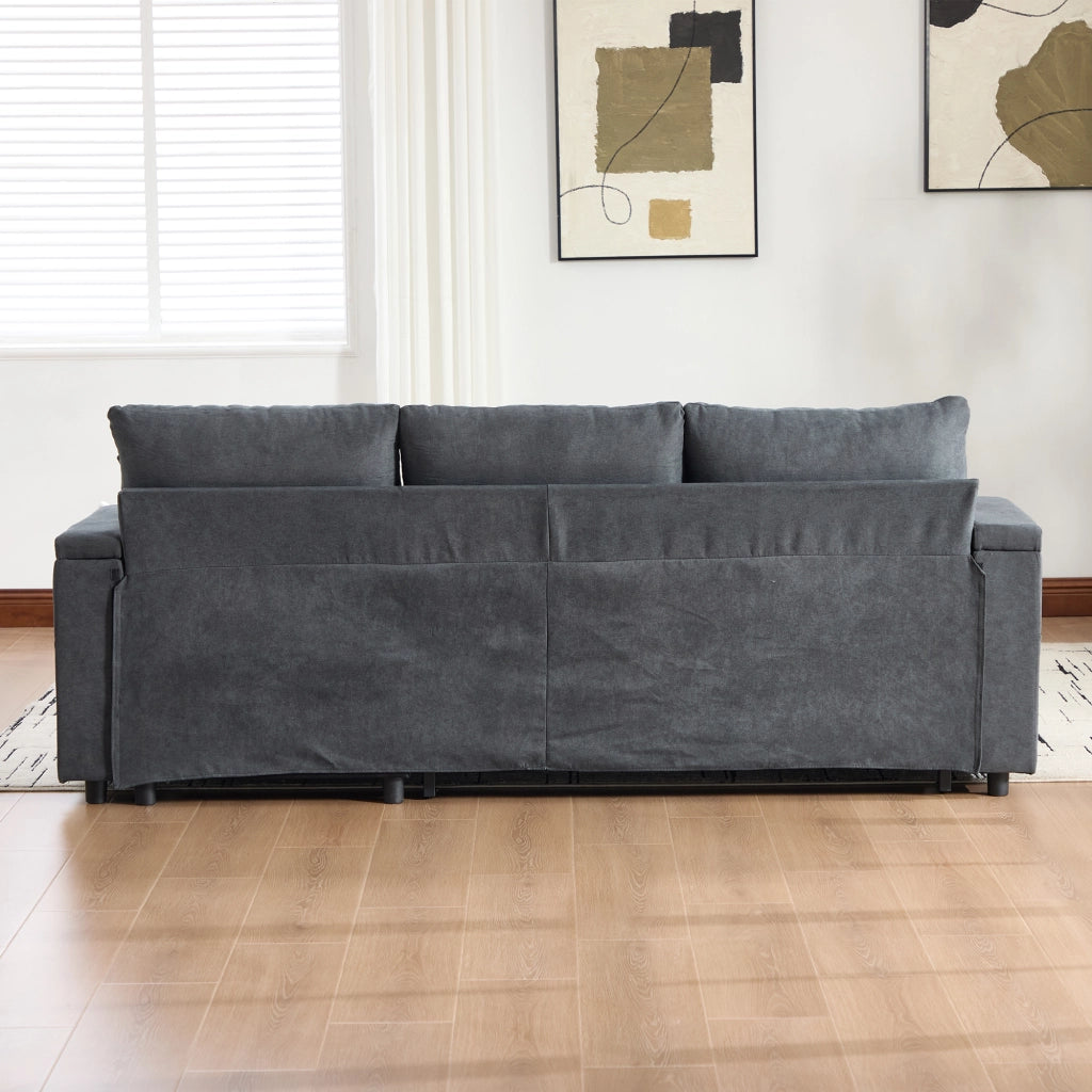 Divano 3 posti effetto lino con chaise longue, letto estraibile, contenitore e USB-C