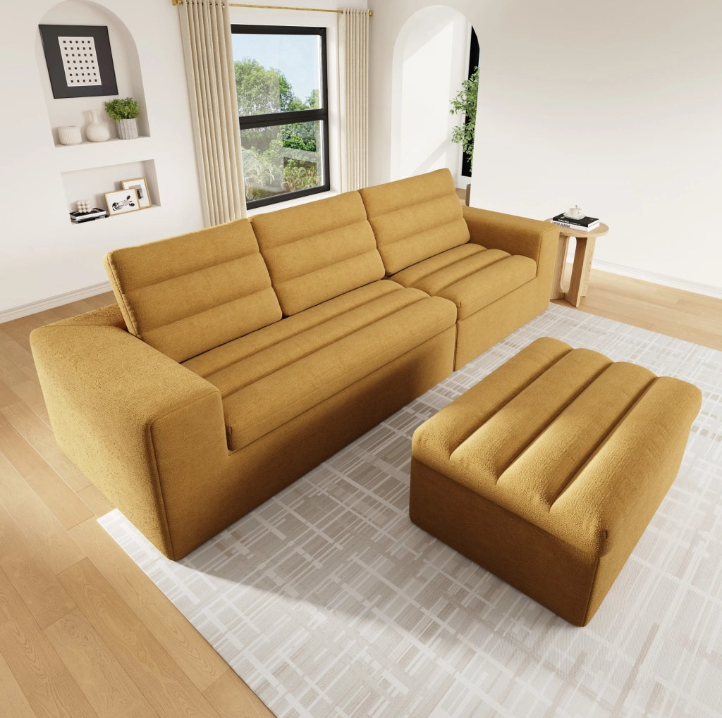 Divano Angolare Modulare a L in Chenille, 4 Posti con Pouf, 253x161x89 cm, Arancione