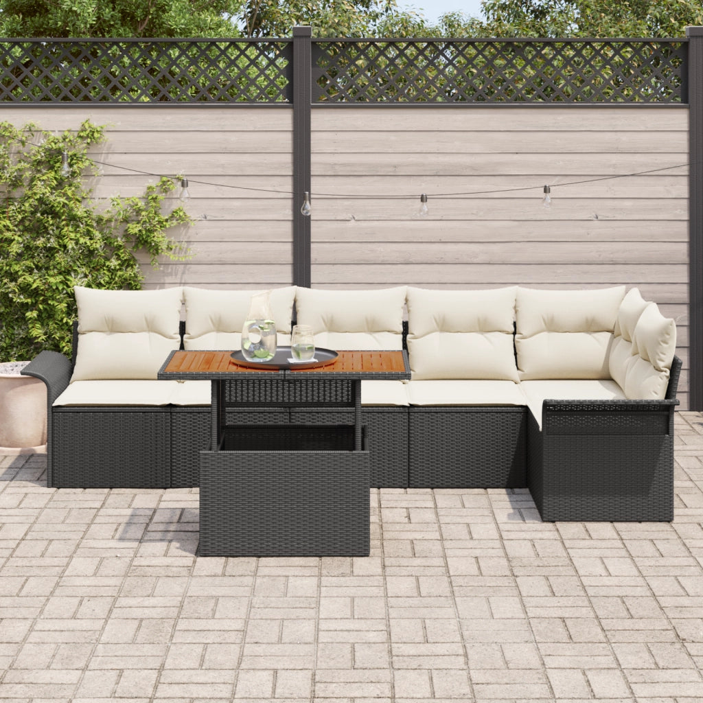 Set da pranzo giardino 7 pezzi con cuscini in polyrattan nero e acacia