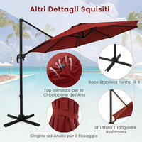 Ombrellone da Esterno 294 cm, Ombrellone con Rotazione a 360°, 5 Angoli di Inclinazione Regolabili, Base a Forma di Croce, 8 Stecche, Ombrellone per Giardino, Piscina, Cortile