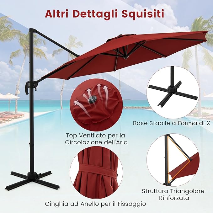 Ombrellone da Esterno 294 cm, Ombrellone con Rotazione a 360°, 5 Angoli di Inclinazione Regolabili, Base a Forma di Croce, 8 Stecche, Ombrellone per Giardino, Piscina, Cortile