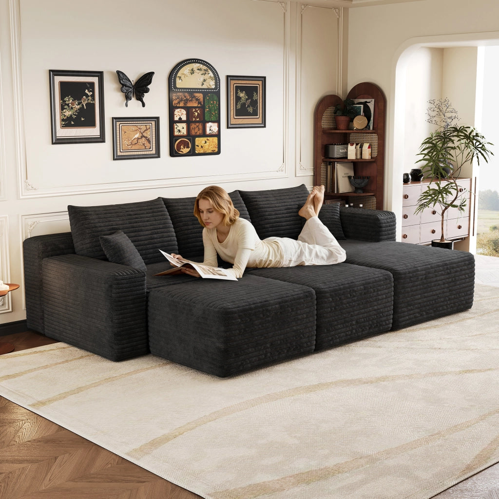Divano ad angolo in tessuto con seduta profonda e montaggio rapido senza attrezzi in velluto a coste nero 241 × 151 × 58 cm