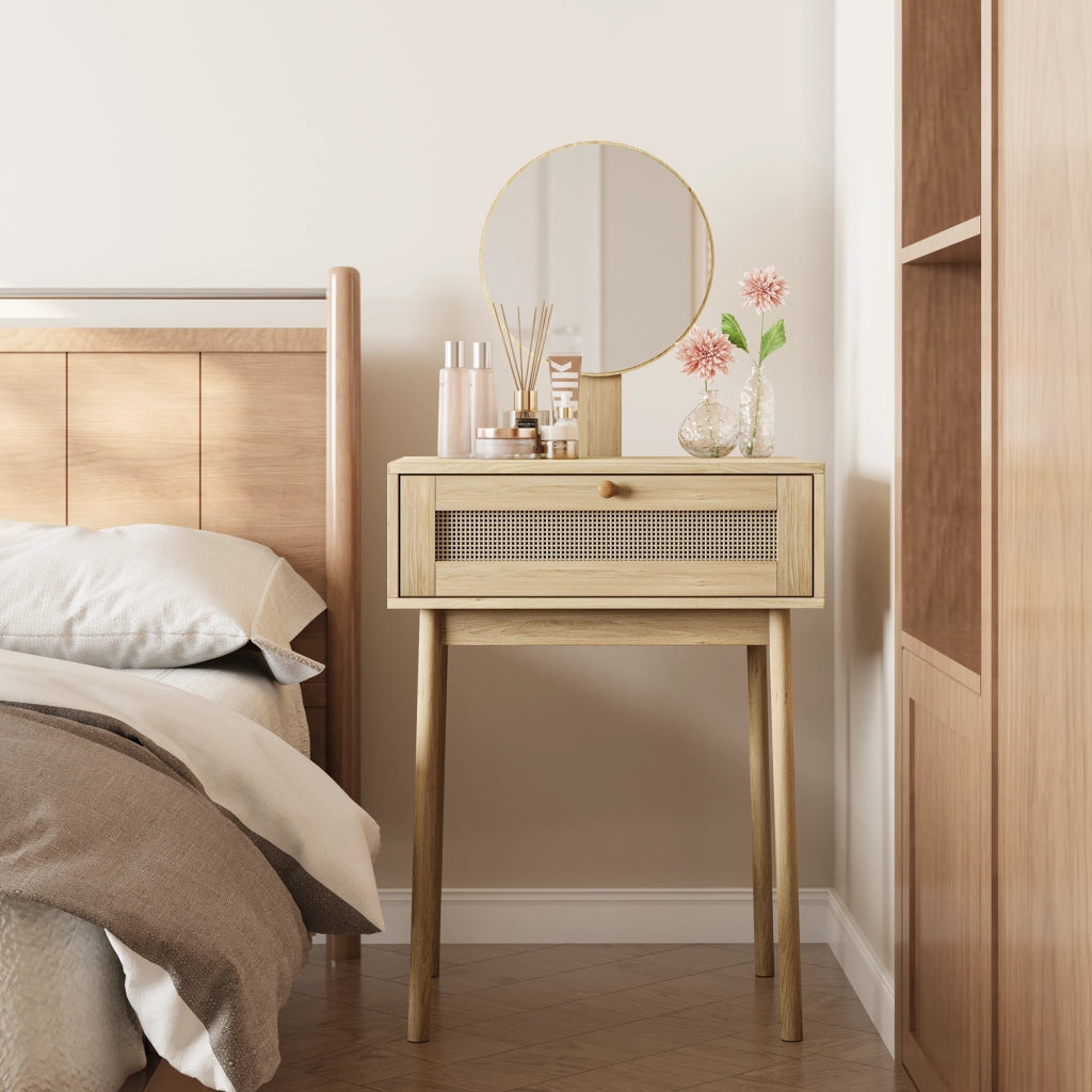 Toeletta con cassetti e specchio; per camera da letto; in MDF e vetro; rovere