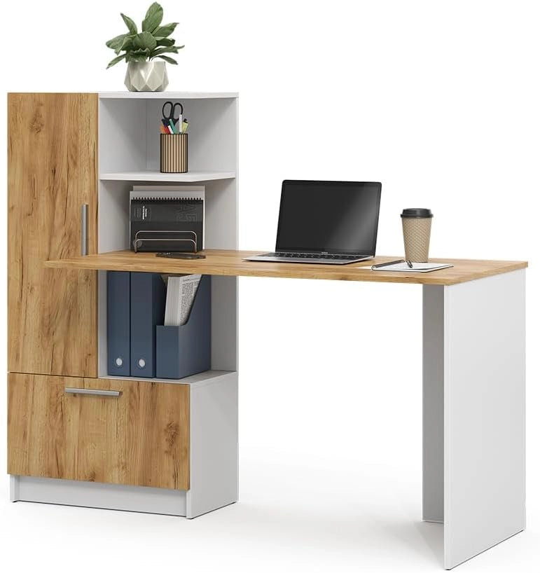 Scrivania Tomy, Rovere bianco/dorato, 150 x 59 cm, con ripiani aperti per una conservazione organizzata