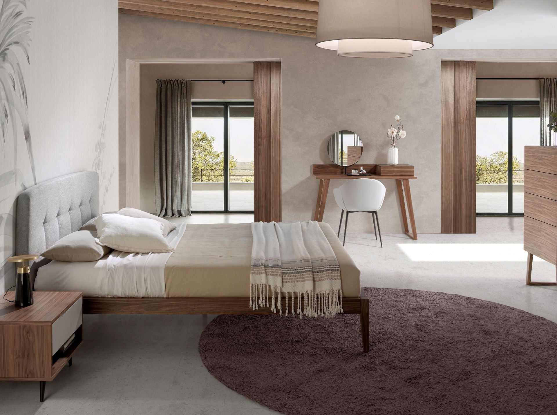 Letto in tessuto grigio trapuntato