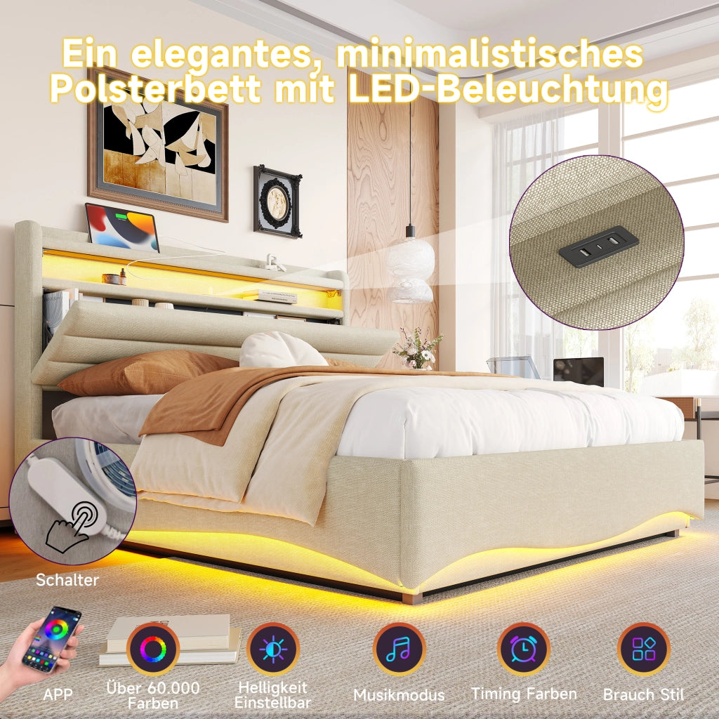 DESMIU Letto contenitore 140 × 200 cm 2 posti con LED regolabile, USB, USB-C e vano, senza materasso, beige