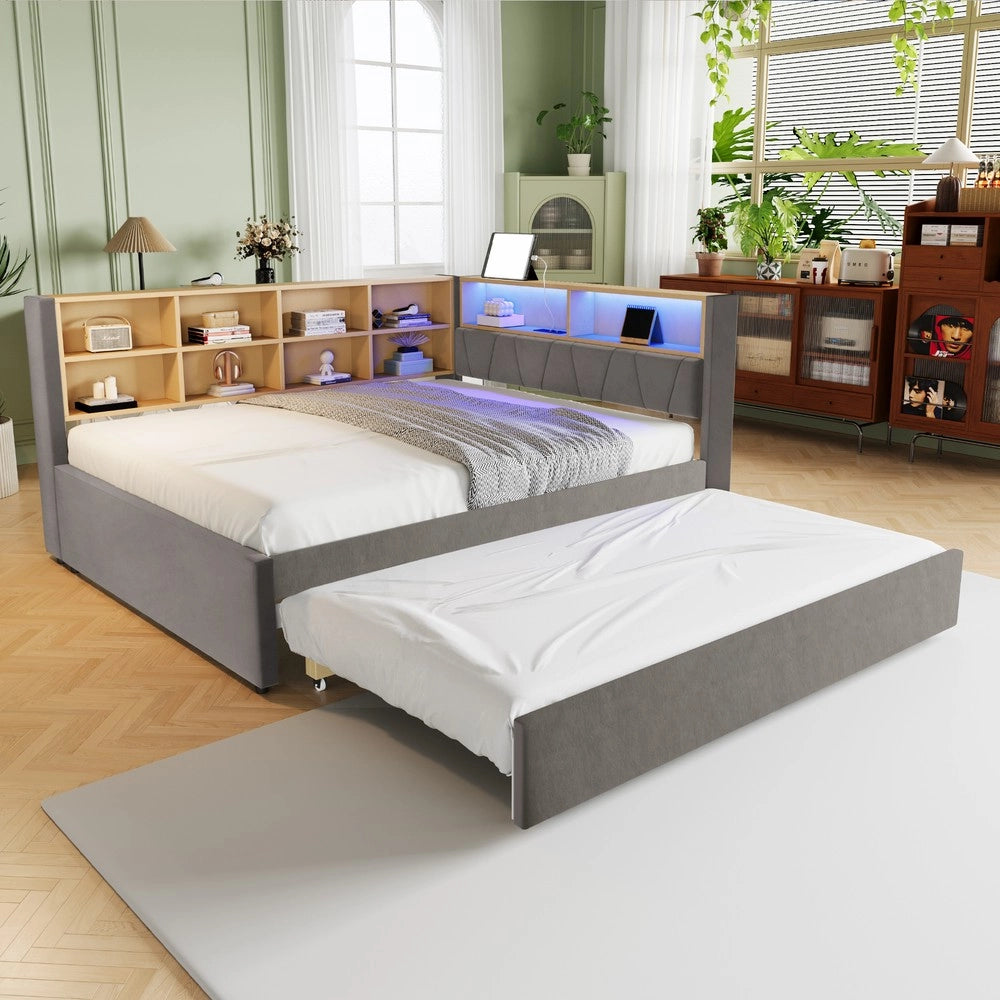 Letto Singolo Multifunzione con LED ¨C MINIMAL ¨C Flanella, Grigio Scuro, 90x190 / 140x200