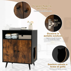 Mobile per Lettiera per Gatti, Casetta per Gatti con Ingresso, Gambe Inclinate e Scomparto Aperto, Tavolino in Legno Versatile per Salotto, 60 x 45 x 75 cm, Marrone e Nero