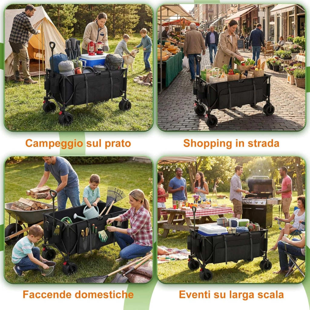 260L carrello spiaggia 200kg carrello con ruote portatutto grandi,carrellos pieghevole Con Braccioli Regolabili e Tasche Laterali per Giardino Campeggio all'aperto Ogni Tipo di Terreno, Nero