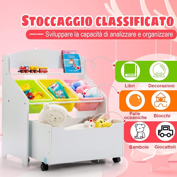 Scaffale Libreria per Bambini, Mobile Portalibri con Contenitori e Cassetti, 76 x 38 x 63,5 cm (Bianco)