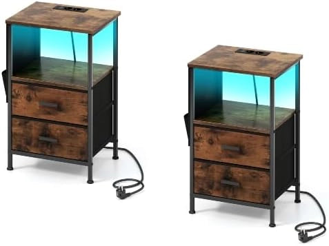 Comodino con stazione di ricarica, comodino con striscia LED multicolore regolabile, 2 prese, 2 USB, comodino per camera da letto con 2 cassetti pieghevoli e 1 scomparto (1)