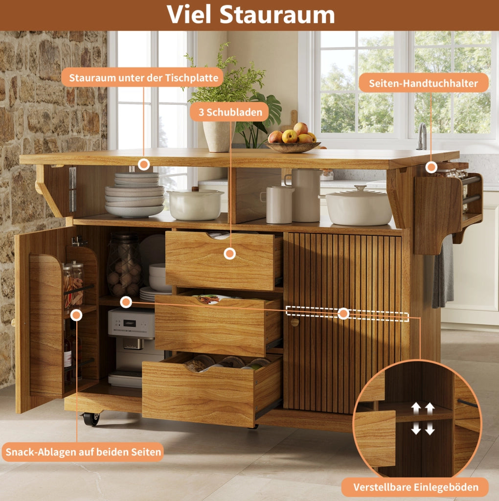 Isola cucina mobile con piani ribaltabili e 3 cassetti marrone