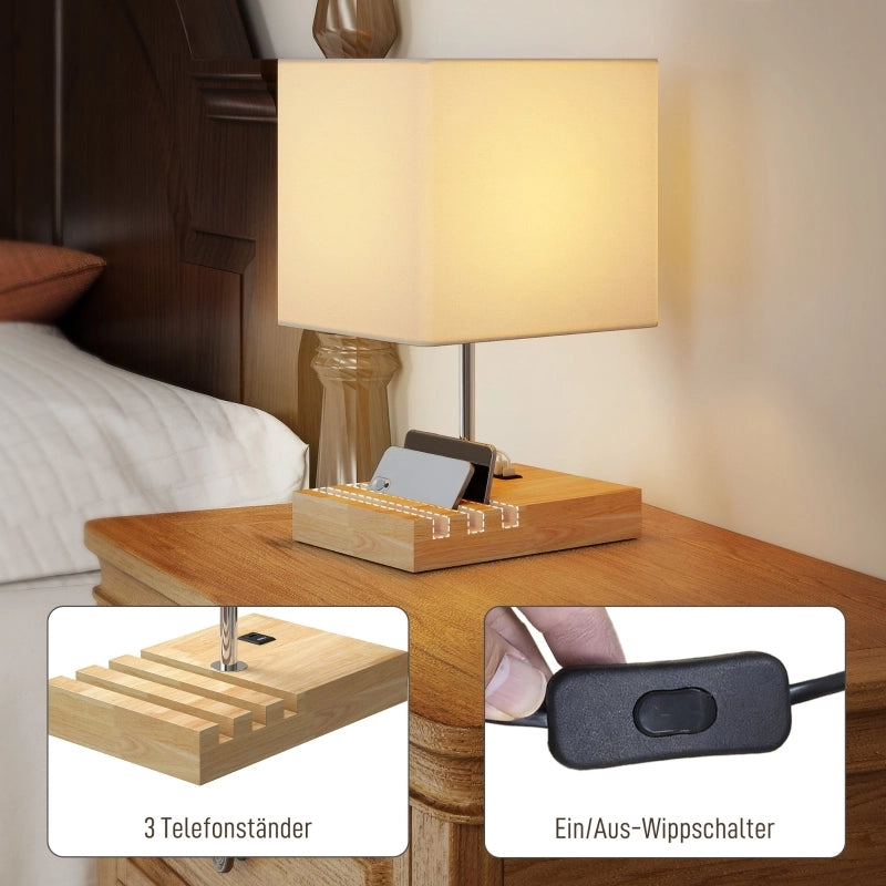 Lampada da comodino, porte USB, legno, tessuto, interruttore a bilanciere, vani portaoggetti, bianco