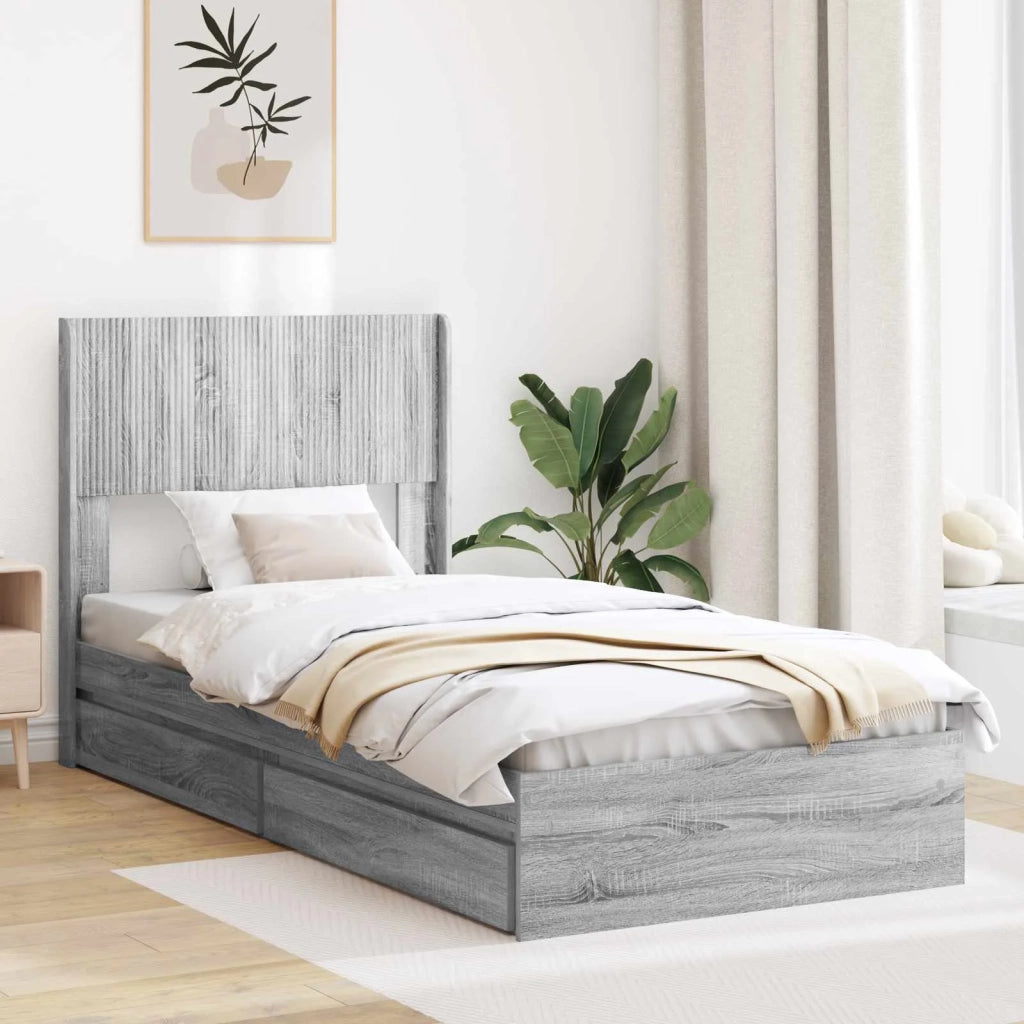 Letto singolo | Letto per adulti | Struttura del letto con stoccaggio e testata Sonoma grigio