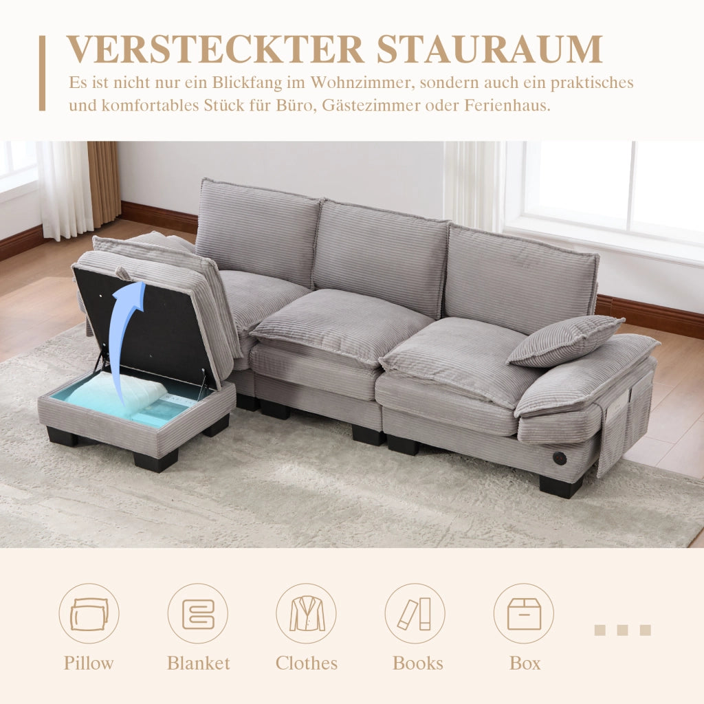 DIVANO Modulare 3 posti 260x132x84 cm in corduroy Grigio Chiaro con pouf
