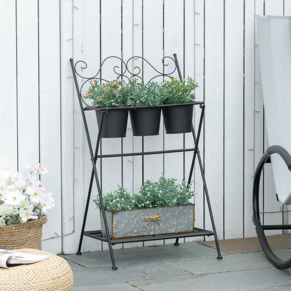 Portapiante Pieghevole in Metallo con 3 Vasi ¨C Zephmum ¨C Nero 47x37x78.5 cm