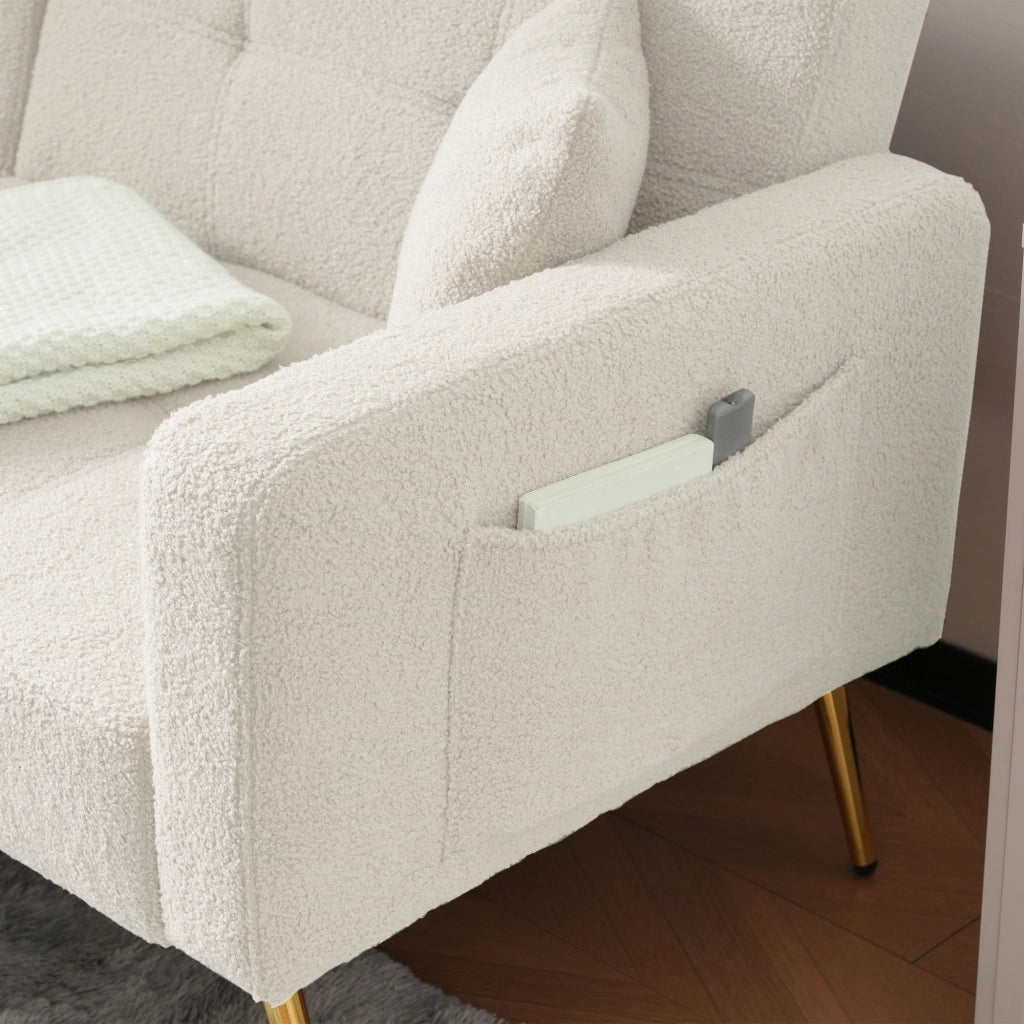 Divano Letto con Schienale Regolabile e 2 Tasche Laterali; in Tessuto Effetto Agnellato e Schiuma; Bianco; 175 x 64 x 72 cm