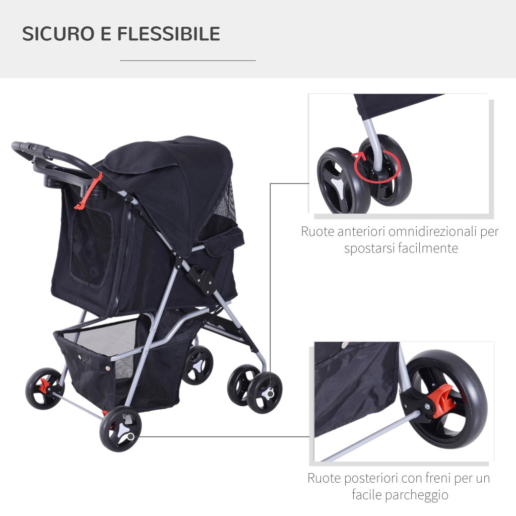 EasyComfort Passeggino per Cani Piccoli Pieghevole, Carrozzina per Cani con Ruote con Freni, Portabicchieri, Cestino Portaoggetti, 3 Finestre e Ruote Anteriori a 360°, per Animali Domestici 10 kg, Nero