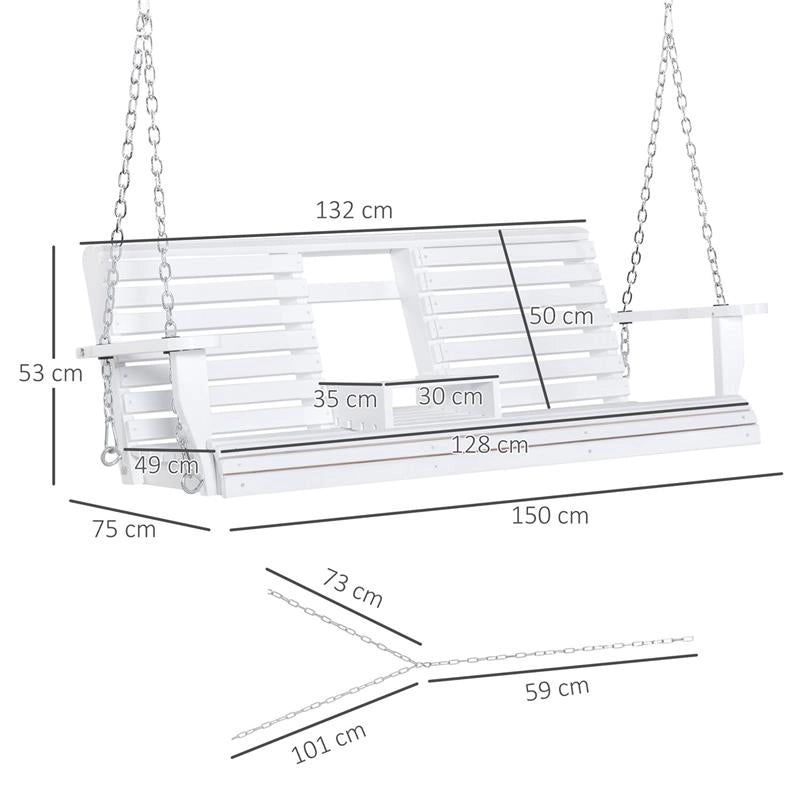 DONDOLO 3 POSTI DA ESTERNO CON TAVOLINO CENTRALE E PORTABICCHIERI, IN LEGNO E METALLO, 150X75X53 CM, BIANCO