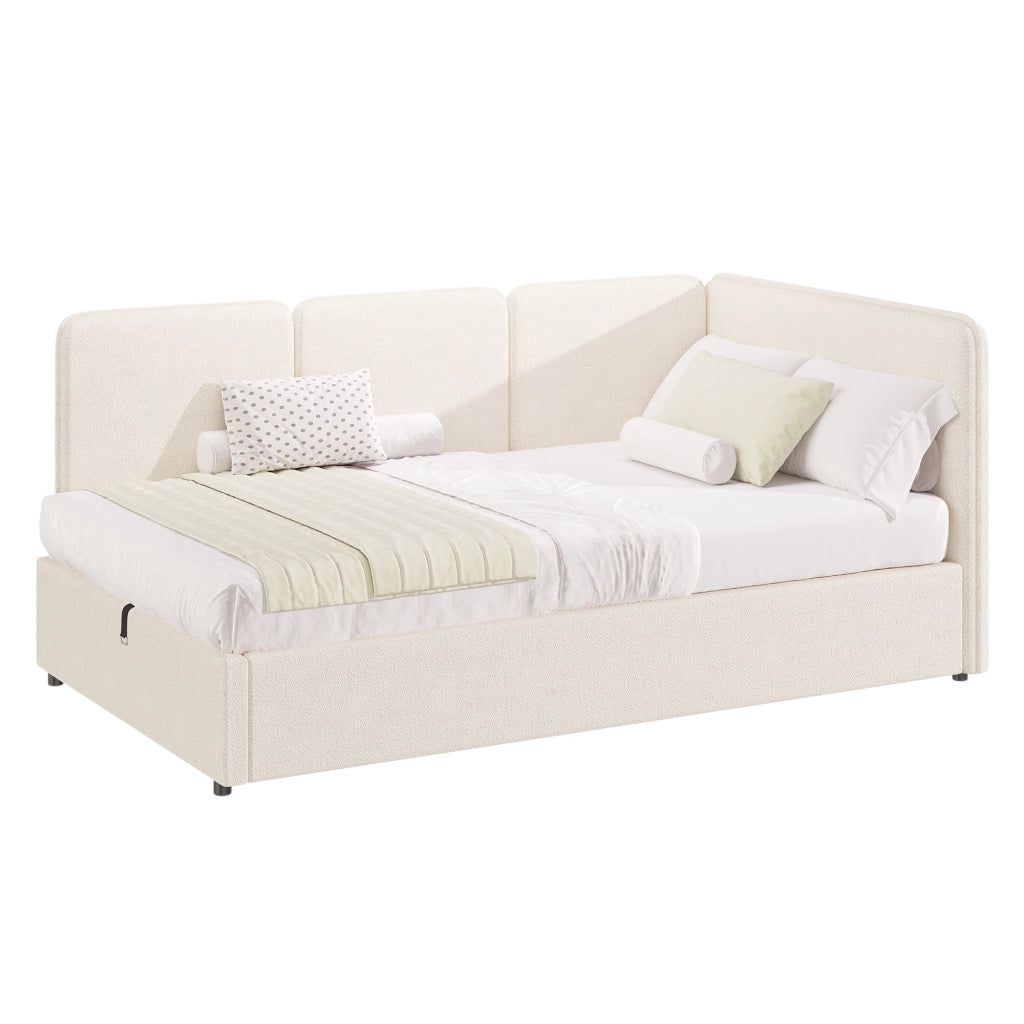Letto singolo 90x200 cm con contenitore idraulico, imbottito in boucl¨¦ beige