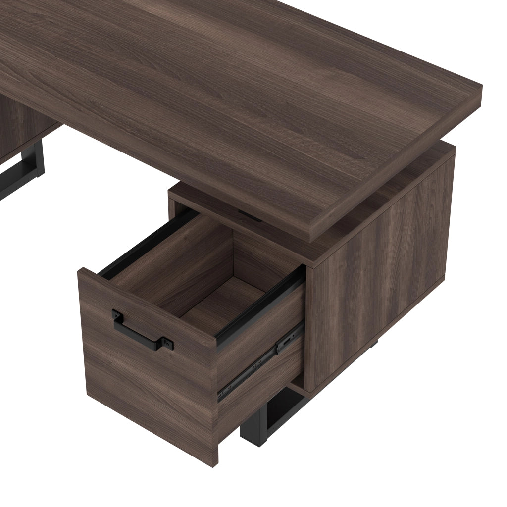 Scrivania lineare con 2 cassetti e vano portadocumenti, piano spesso 4 cm, in MDF e metallo, marrone e nero 135 × 54 × 76 cm