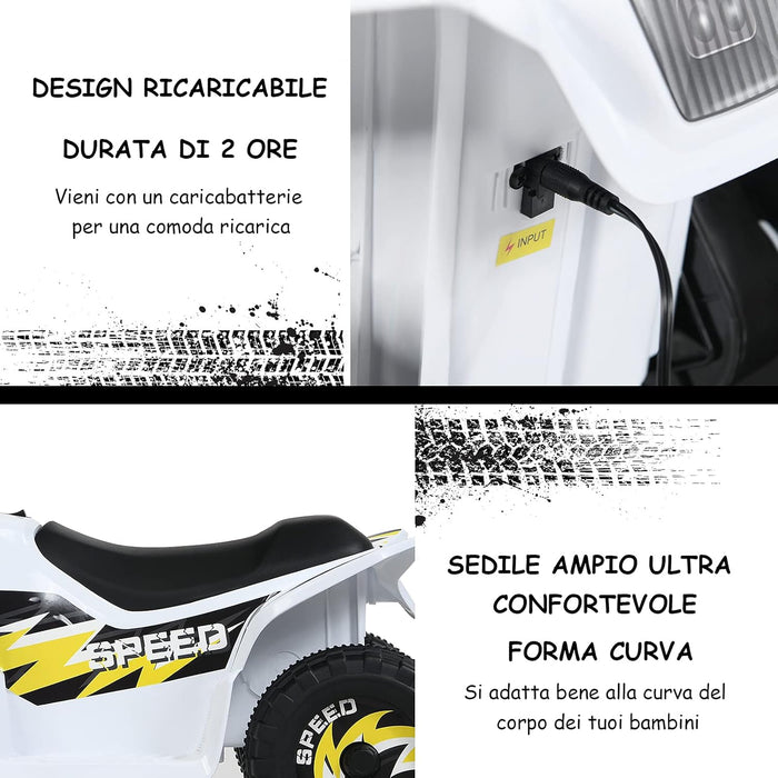 6V Quad Elettrico per Bambini con Batteria, Mini Quad con Funzione Avanti/Indietro, Velocità Massima 4,6 km/h (Bianco)