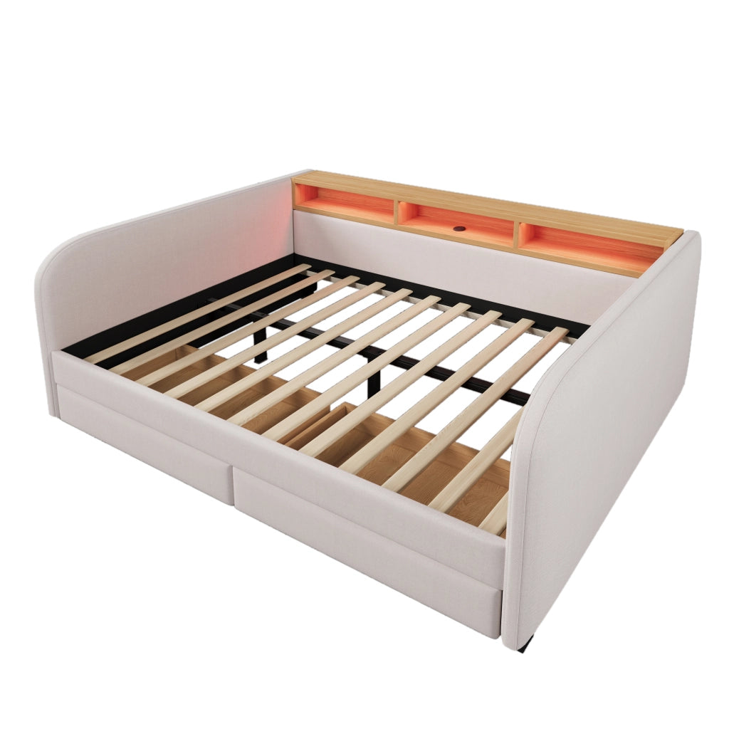 Letto Contenitore 140x190 cm; Letto Singolo con 2 Cassetti; USB e Type-C; In Lino; Beige
