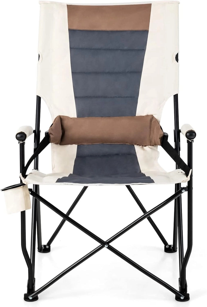 Sedia da Campeggio Pieghevole Portatile, Sedia da Campeggio Imbottita 150 KG con Portabicchieri Braccioli Cuscino Struttura in Metallo, Sedia Portatile da Esterno Pesca Giardino Campeggio