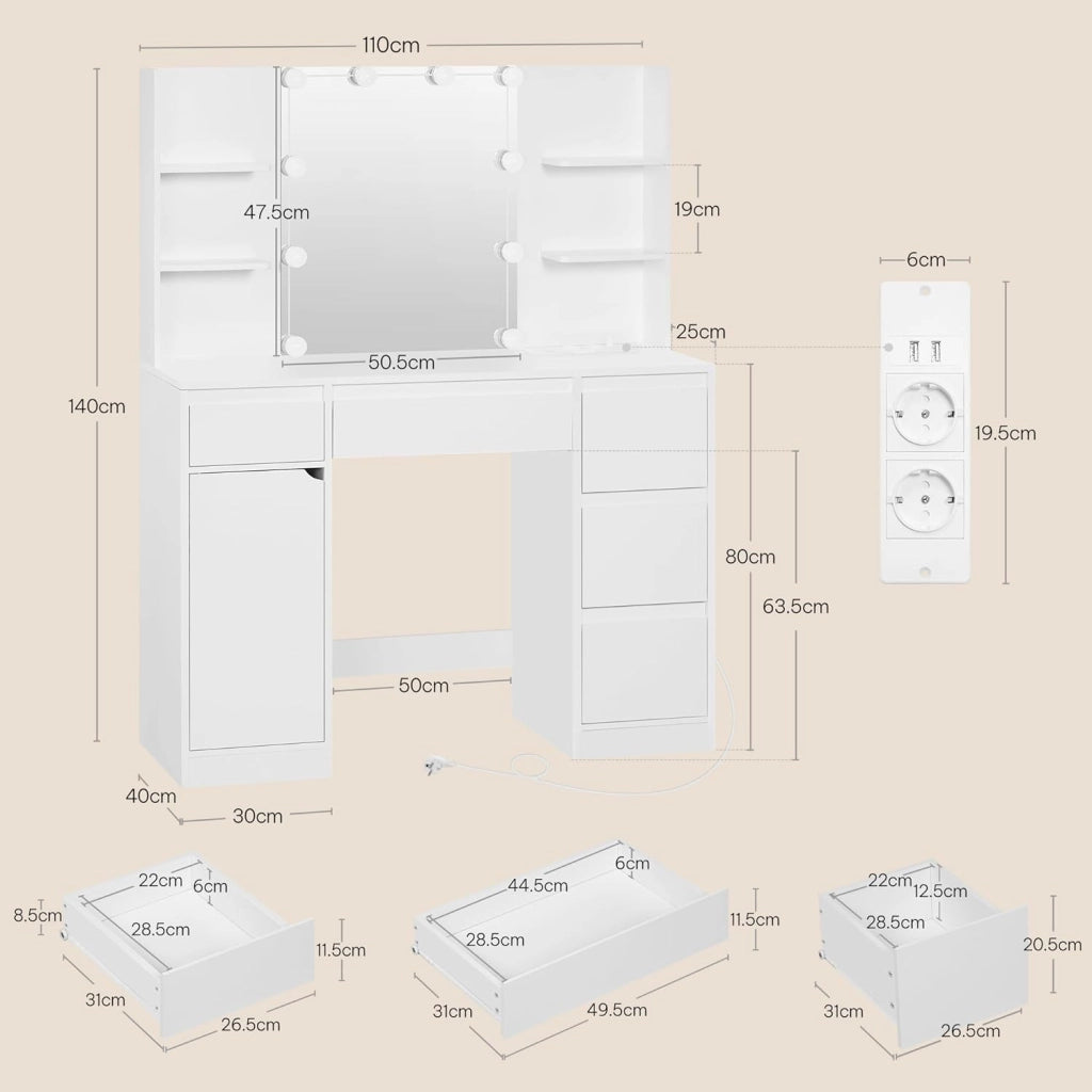 Toeletta Trucco con Specchio LED, Tavolo da Trucco con Sgabello e 4 Cassetti, Luci Regolabili a 3 Colori, Design Moderno Bianco per Camera da Letto
