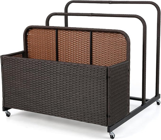 Baule da Esterno in Rattan PE, Cestino Portaoggetti su Ruote con Scomparti, Contenitore Salvaspazio con Scaffale per Cuscini, Salvagenti, Giocattoli, Portata 30 kg (Marrone)