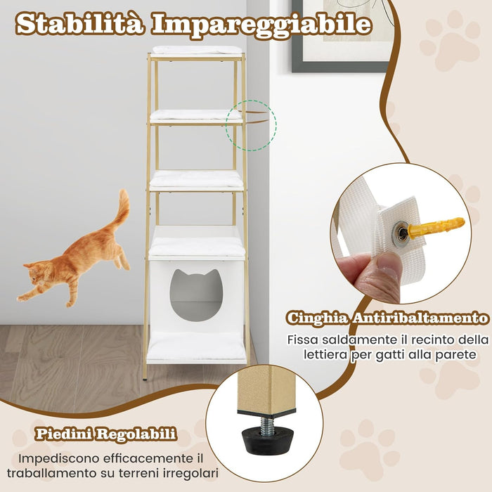 Lettiera per Gatti Salvaspazio, Mobile Nascosto 2 in 1 per Animali Domestici con Scaffale, Tappetini Rimovibili e Entrata a Forma di Testa di Gatto, Armadietto per Gatti per Salotto (Bianco)