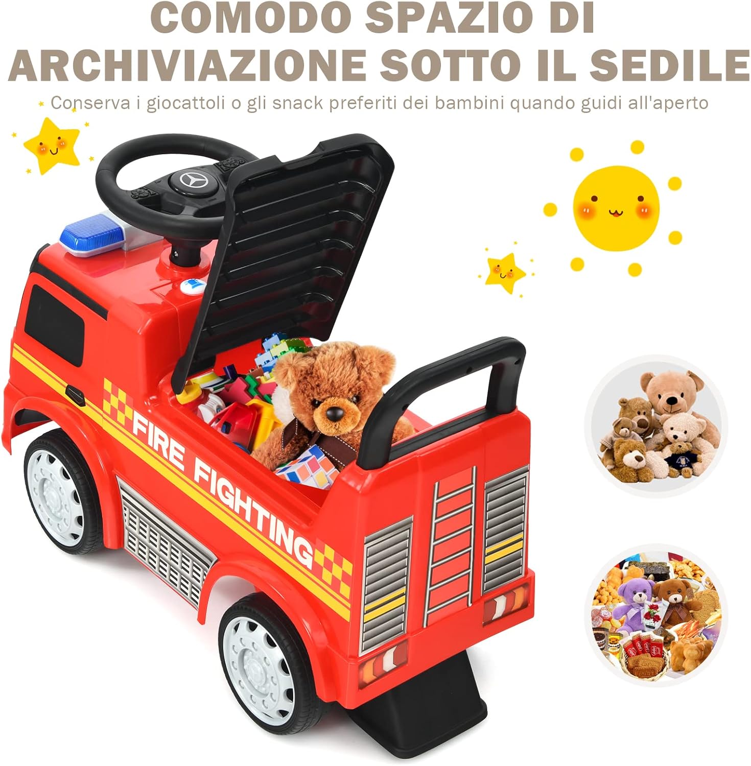 Camion dei Pompieri per Bambini, Macchinina Cavalcabile per Bambini, con Volante, Schienale, Macchina Cavalcabile con Piedi a Terra, Regalo per Bambini, Rosso