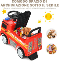 Camion dei Pompieri per Bambini, Macchinina Cavalcabile per Bambini, con Volante, Schienale, Macchina Cavalcabile con Piedi a Terra, Regalo per Bambini, Rosso