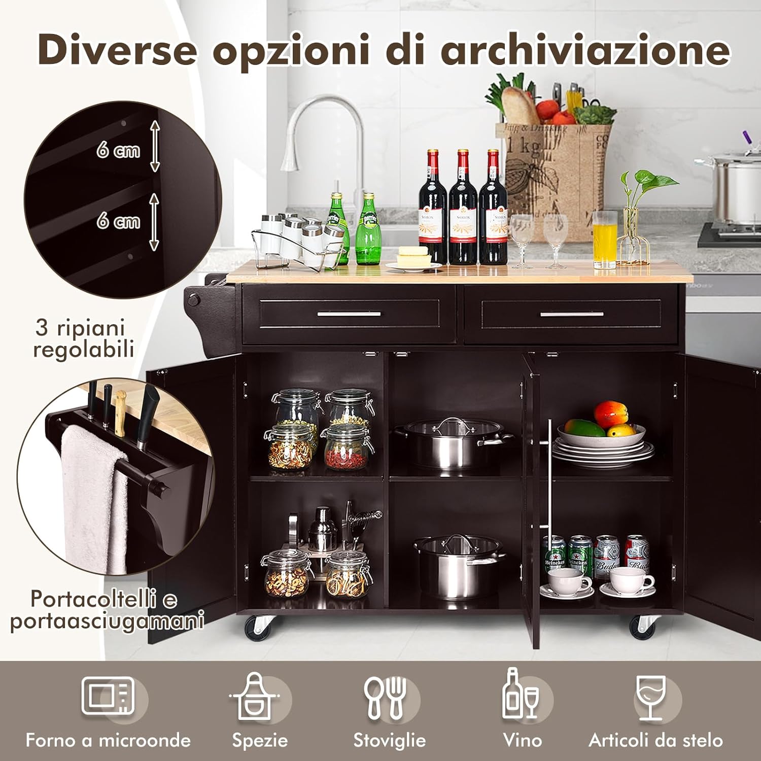 Carrello da Cucina, Carrello di Servizio con Ruote e Maniglia, 3 Ante e 2 Cassetti, Ideale per Cucina Ristorante Bar, 122x46x92,3 cm (Marrone)