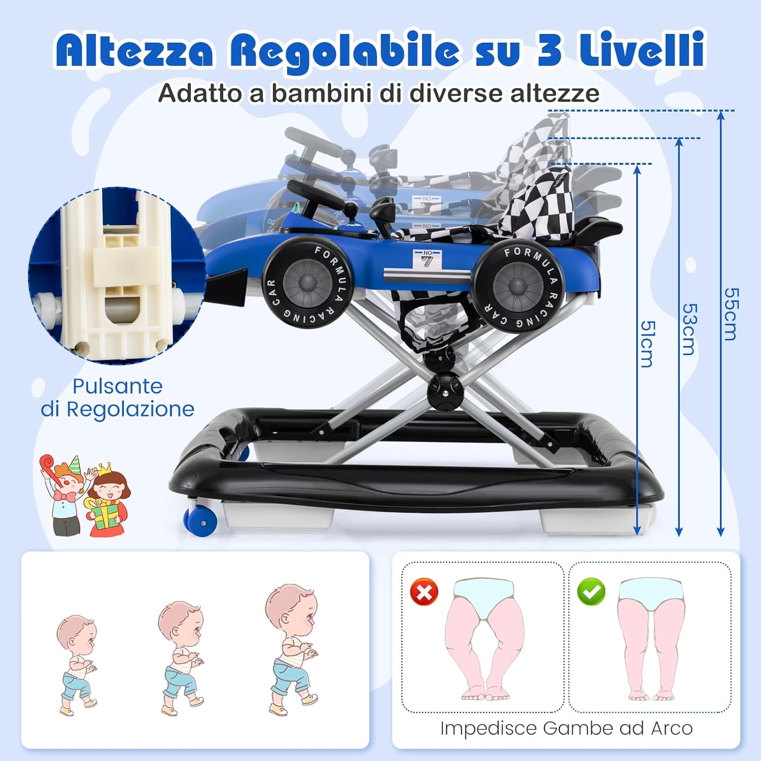 4 in 1 Girello per Bambini, Altezza Regolabile a 3 Livelli, Passeggino per Bambini, con Volante Imbottito e Scatola Musicale, Portata 12 kg, per Bambini 6-18 Mesi (Blu)