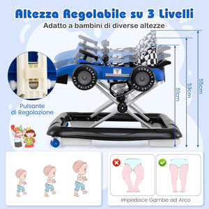 4 in 1 Girello per Bambini, Altezza Regolabile a 3 Livelli, Passeggino per Bambini, con Volante Imbottito e Scatola Musicale, Portata 12 kg, per Bambini 6-18 Mesi (Blu)