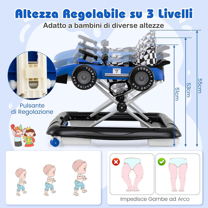 4 in 1 Girello per Bambini, Altezza Regolabile a 3 Livelli, Passeggino per Bambini, con Volante Imbottito e Scatola Musicale, Portata 12 kg, per Bambini 6-18 Mesi (Blu)