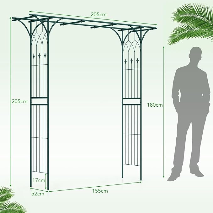 Arco da Giardino 205 CM, Pergolato per Piante Rampicanti, Pergola Decorativo di Metallo per Cerimonie, Feste, Cortile e Prato (Verde)