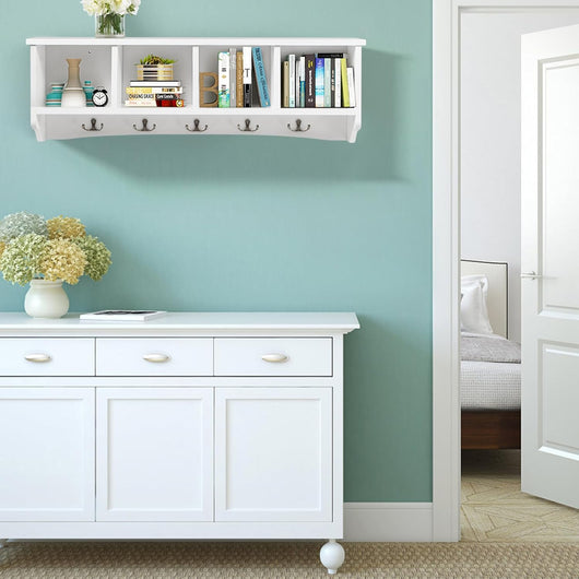 Armadio da Ingresso Montato al Muro, Appendiabiti Appeso con 4 Scompartimenti e 5 Ganci Doppi, Ideale per Salone e Cucina, 72 x 15,5 x 23 cm (Bianco)