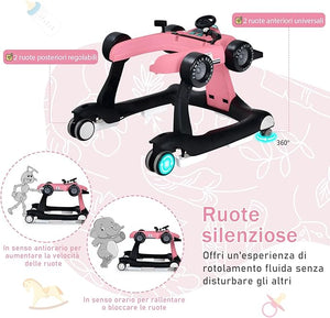 Girello per Bambini 4 in 1, Girello Pieghevole con Altezza e Velocità Regolabili, Carillon con Luci, Volante, Primi Passi per Bambini 6-18 Mesi, Portata 15 kg (Rosa)