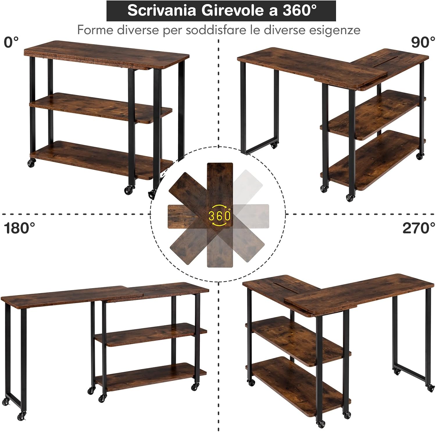 Tavolo Laterale da Divano Grande, Tavolo da Salotto Pieghevole e Girevole a 3 Ripiani con Mensole e Ruote, Tavolo Multiuso in Metallo e Legno da Salotto e Ufficio (Caffè)