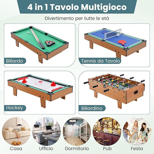 Tavolo Multigioco Gioco Multifunzione 4 in 1- Calcio Balilla, Biliardo, Ping Pong, Hockey, per Adulti e Bambini