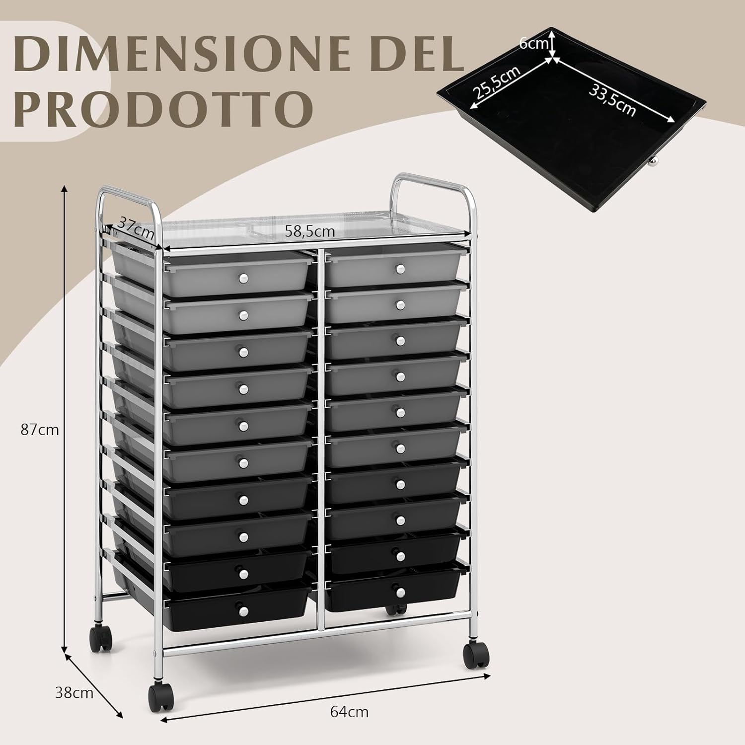 Carrello di Stoccaggio con 20 Cassetti, Carrello portaoggetti con 4 Ruote, Carrello Multiuso per Scuola Ufficio Cucina, 64 x 39 x 88 cm (Nero sfumato)