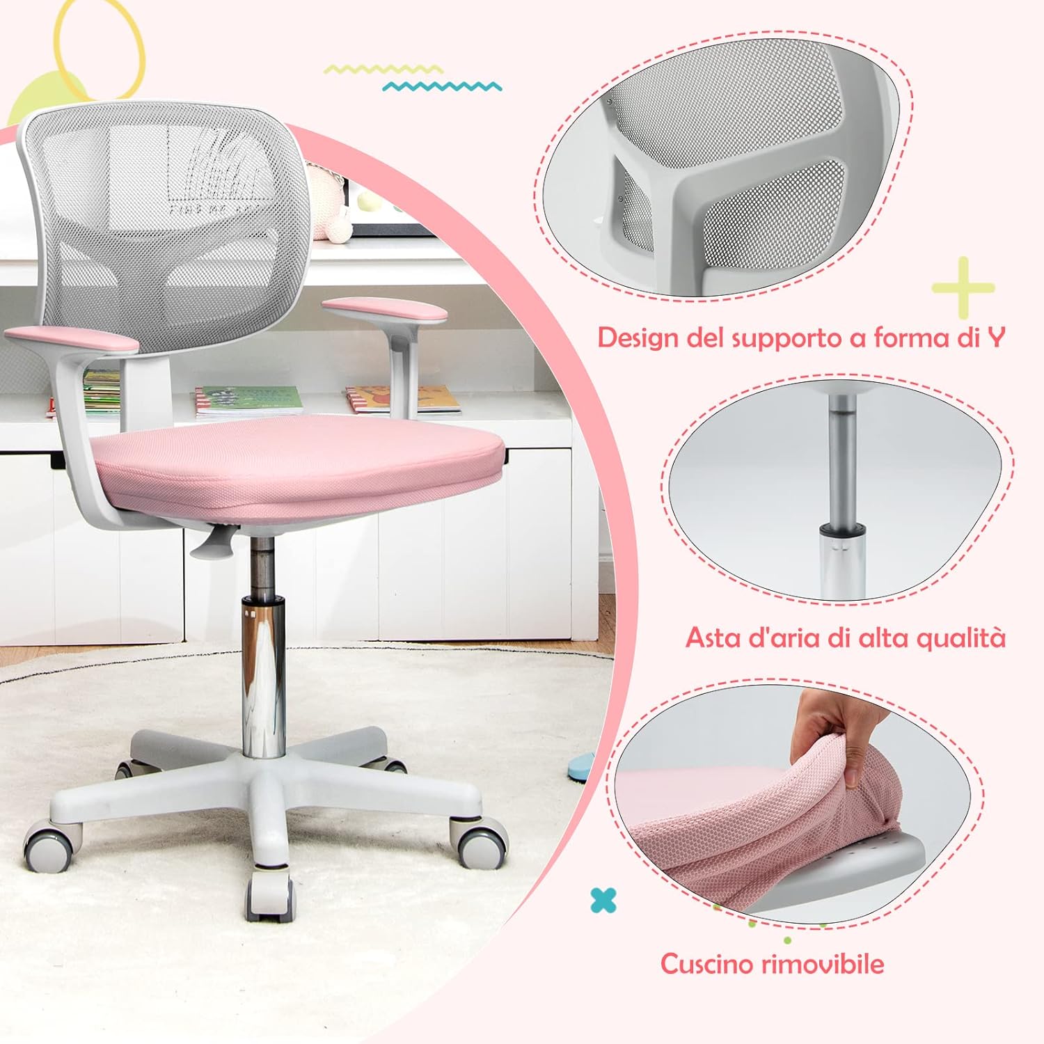 Sedia per Scrivania per Bambini, Sedia per Computer per Bambini con Altezza Regolabile, Ruote con Freni, Sedile Girevole a Rete, Sedia Ergonomica per Bambini 3-10 Anni (Rosa)