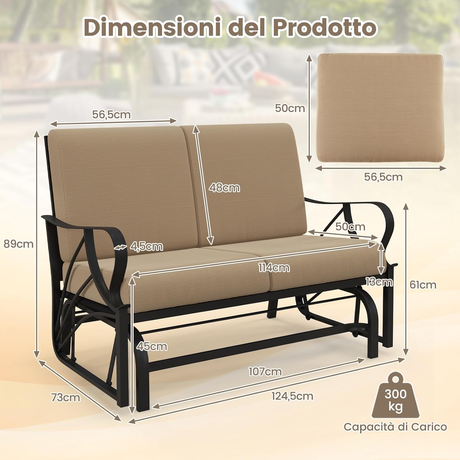 Panca a Dondolo da Giardino a 2 Posti, Panchina a Dondolo in Metallo con Cuscini, 124,5 x 89 x 73 cm, Carico Massimo 300kg, Sedia a Dondolo da Esterno Giardino Terrazza (Khaki)