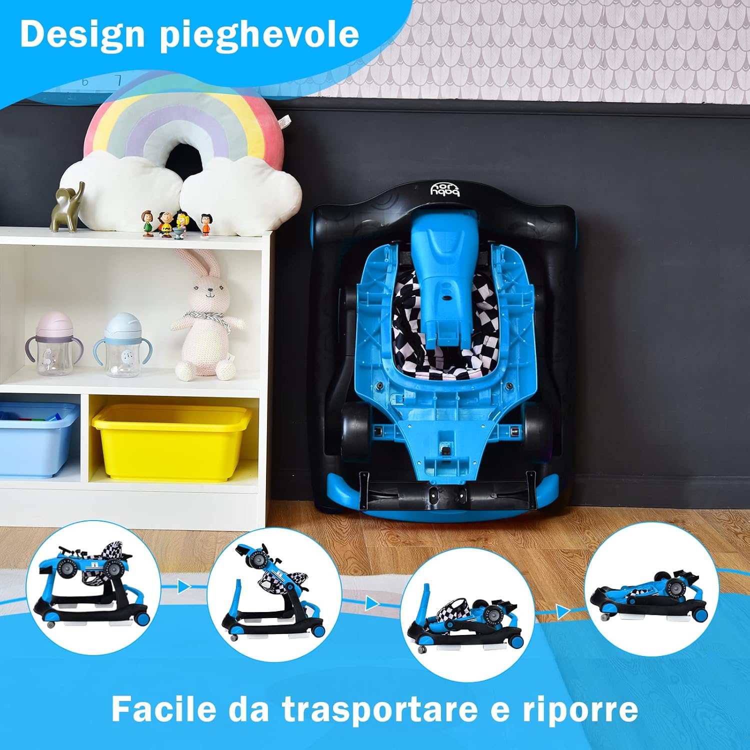 Girello per Bambini 4 in 1, Girello Pieghevole con Altezza e Velocità Regolabili, Carillon con Luci, Volante e Sedile, Primi Passi per Bambini 6-18 Mesi, Portata 15 kg (Blu)