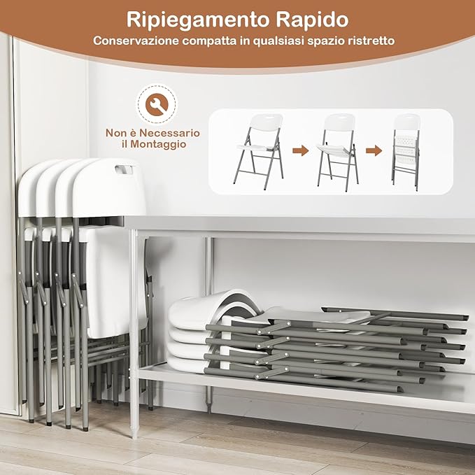 Set di 4 Sedie Pieghevoli con Struttura in Metallo, Sedie da Pranzo Salvaspazio con Antiscivoli, Sedie da Campeggio per Interno ed Esterno, 58 cm x 45 cm x 84 cm (Bianco)