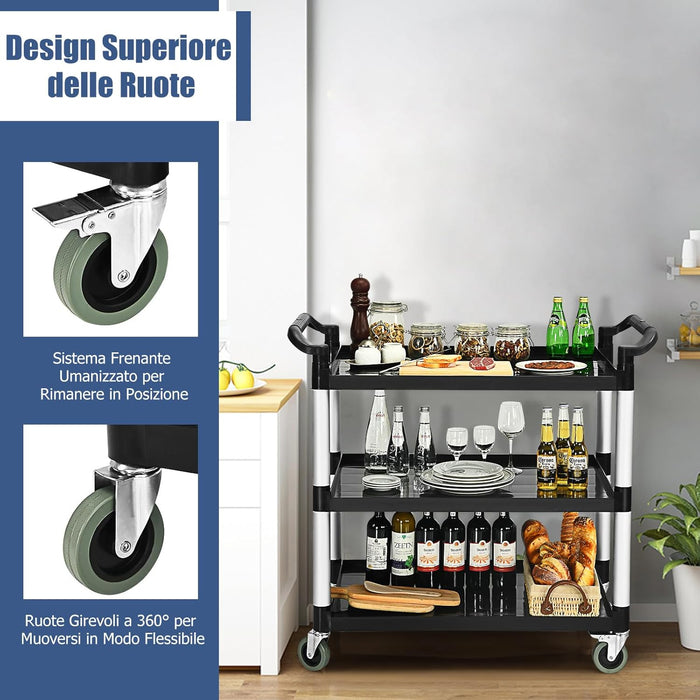 Carrello di Servizio a 3 Ripiani, Carrello Multiuso con Maniglie Ampio Spazio e Ruote Flessibili con Freni, Adatto a Ufficio Ristorante Casa Officina, 103x49x98 cm